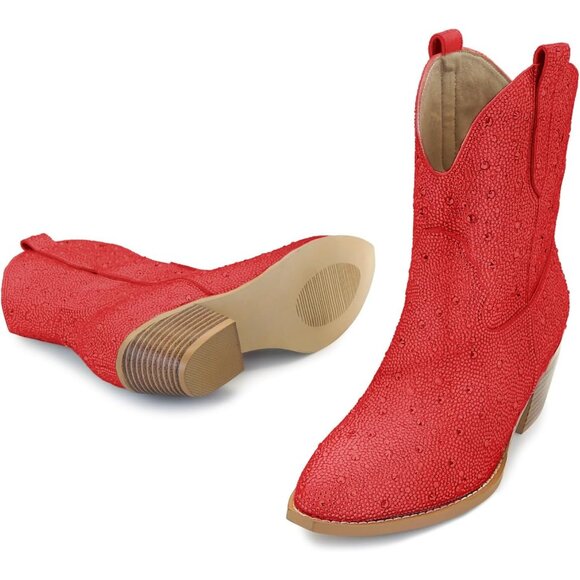 Women's Red Western Cowgirl Boots Embroidered Ankle High Pointed Toe Pull On - Picture 5 of 6